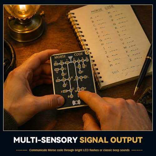 モールス信号トレーナー カード インタラクティブ練習機 LED 信号ボタン付き リアルタイムデコード 音声&ゲームモード搭載 暗号化トレーニングツール 初心者・愛好家向け ギフト (1個)の特徴・詳細 画像