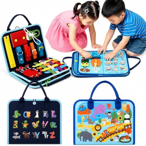 モンテッソーリ おもちゃ【日本正規品】知育玩具 【知育のプロ推薦】3歳 4歳 5歳 6歳 【教育雑誌掲載】 ビジーボード 男の子 女の子 誕生日プレゼント お着替えの練習 入園準備【食品衛生法試験合格】 (ネイビー＆日本語版プレミアム2点セット) 1