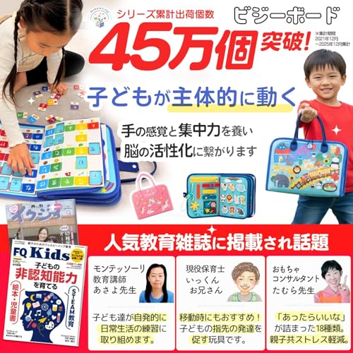 モンテッソーリ おもちゃ【日本正規品】知育玩具 【知育のプロ推薦】3歳 4歳 5歳 6歳 【教育雑誌掲載】 ビジーボード 男の子 女の子 誕生日プレゼント お着替えの練習 入園準備【食品衛生法試験合格】 (ネイビー＆日本語版プレミアム2点セット)の特徴・詳細 画像