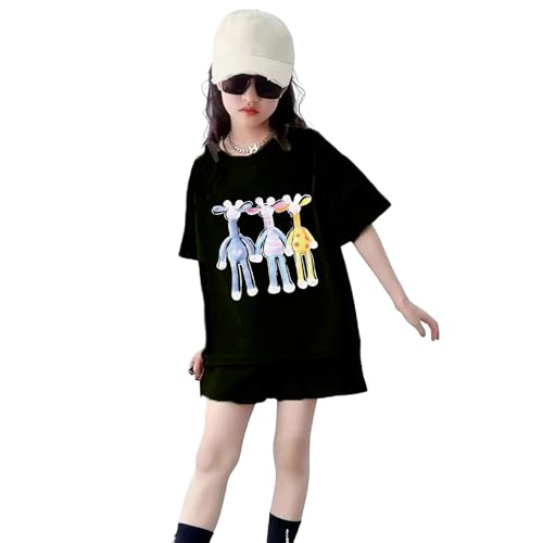 [Banlan] 女の子 子供服 セットアップ カジュアルセット 2点上下セット 春 夏 半袖 ガールズ Tシャツ ショートパンツ ジュニア服 ハート 可愛い 通園通学 接触冷感 100-160cm (ブラック（キリン柄）, 150cm) 1