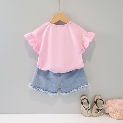 [Shopyruder] ベビー服 女の子 人気 70 80 90 ブランド 夏 セットアップ キッズ 子供服 ショートパンツ プレゼント 赤ちゃん服 ノースリーブ セパレート 夏服 おしゃれ 無地 可愛い 普段着 フリル 韓国風 通園 通学 2点セット(（デニム）-ピンク,90)の特徴・詳細 画像
