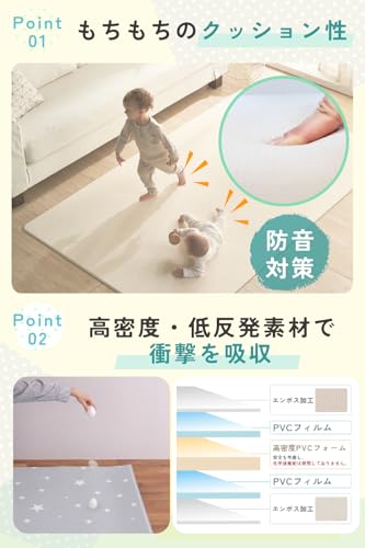 【保育士&妊婦整体師W監修】 popomi もちもち プレイマット 赤ちゃん マット | もっちり 抗菌 両面使用 騒音防止 滑りにくい 防水 | (グレーリトルスター, 140x200x1.6cm)の特徴・詳細 画像
