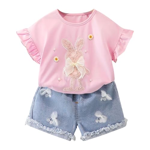 [Shopyruder] ベビー服 女の子 人気 70 80 90 ブランド 夏 セットアップ キッズ 子供服 ショートパンツ プレゼント 赤ちゃん服 ノースリーブ セパレート 夏服 おしゃれ 無地 可愛い 普段着 フリル 韓国風 通園 通学 2点セット(（デニム）-ピンク,90) 1