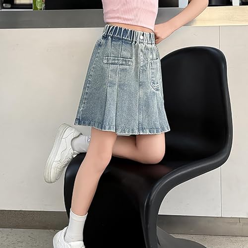 子供用デニムショートスカート(中~大サイズ) ハイプリーツデニムショートスカート 子供用 ロング チェック (Blue, 4-5 Years)の特徴・詳細 画像