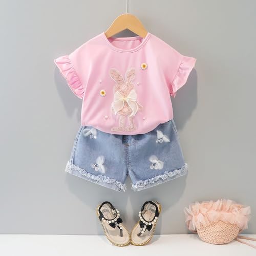 [Shopyruder] ベビー服 女の子 人気 70 80 90 ブランド 夏 セットアップ キッズ 子供服 ショートパンツ プレゼント 赤ちゃん服 ノースリーブ セパレート 夏服 おしゃれ 無地 可愛い 普段着 フリル 韓国風 通園 通学 2点セット(（デニム）-ピンク,90)の特徴・詳細 画像
