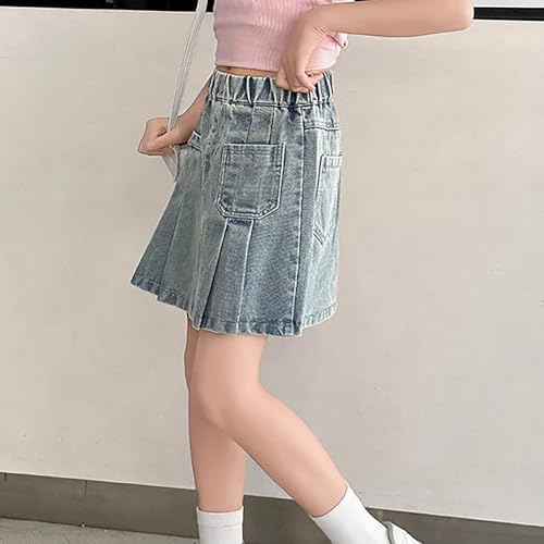 子供用デニムショートスカート(中~大サイズ) ハイプリーツデニムショートスカート 子供用 ロング チェック (Blue, 4-5 Years)の詳細・まとめ 画像