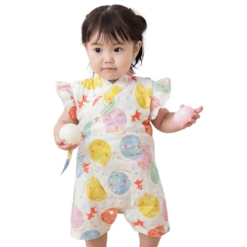 [chil2] 甚平 カバーオール ロンパース 女の子 ベビー服 子供服 浴衣 肩フリル 綿100％ 前開き 総柄 和柄 花柄 ファンシー 14560481-80CM 1