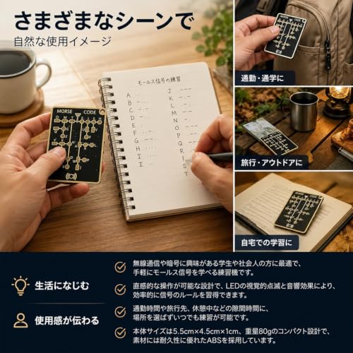 モールス信号 練習機 小型 コンパクト LED・音響フィードバック搭載 初心者向けトレーニングツールの特徴・詳細 画像