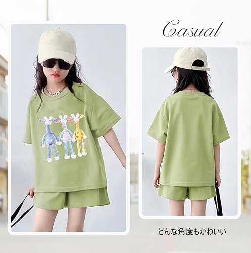 [Banlan] 女の子 子供服 セットアップ カジュアルセット 2点上下セット 春 夏 半袖 ガールズ Tシャツ ショートパンツ ジュニア服 ハート 可愛い 通園通学 接触冷感 100-160cm (ブラック（キリン柄）, 150cm)の特徴・詳細 画像