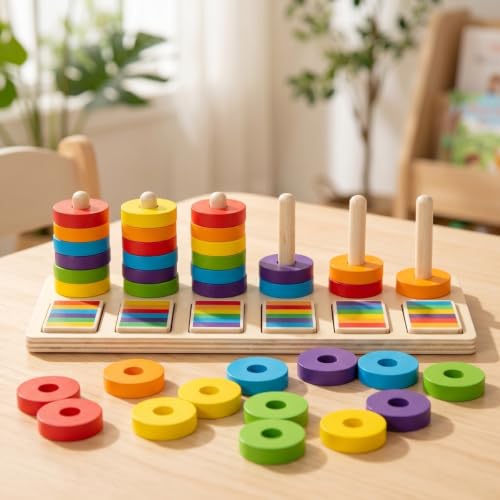 HuadaXtai 子供用カラーリング 知育玩具 積み重ね ボード カード ゲーム 木製 ペグ ラウンドリング 色分け マッチング トレーニング 早期教育 手先発達 幼児教育に適用の特徴・詳細 画像
