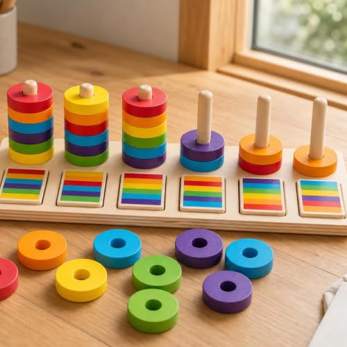 HuadaXtai 子供用カラーリング 知育玩具 積み重ね ボード カード ゲーム 木製 ペグ ラウンドリング 色分け マッチング トレーニング 早期教育 手先発達 幼児教育に適用の詳細・まとめ 画像
