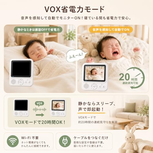 ZAIDER ベビーモニター モニター付き 見守りカメラ ペットカメラ 【VOX省エネ＆双方向通話】 360°回転 ベビーセンサー 温度アラーム 720P 暗視 超広角 子守唄 ズーム wi-fi不要 充電式 長時間連続使用 ベビーアラーム 室内 高齢者 介護用 赤ちゃん 出産祝いの特徴・詳細 画像