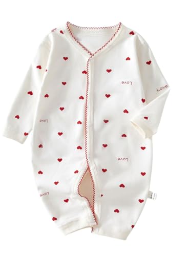 [Libaby] ベビー服 綿100％ 長袖 ロンパース カバーオール 前開き 新生児 赤ちゃん 綿 女の子 男の子 春 秋 冬 肌着 コットン スナップボタン(59,Aプチハートレッド) 1