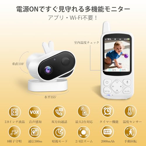 ZAIDER ベビーモニター モニター付き 見守りカメラ ペットカメラ 小型 【VOX省エネ＆双方向通話】 2.8インチ 720p 暗視 温度検知 wi-fi不要 回転 ベビーセンサー 4倍ズーム 出産祝い 赤ちゃん 介護 高齢者 プレゼンの特徴・詳細 画像